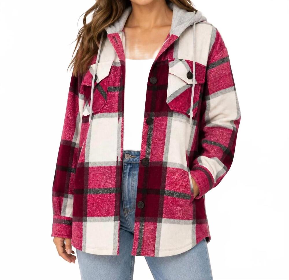 NEW ZENANA plaid drawstring hooded fleece shacket in cabernet